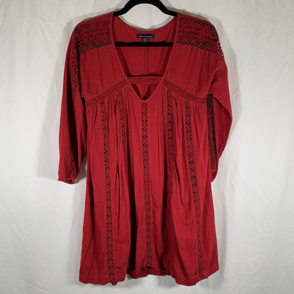 American Eagle Mini Dress Women's XS Red Crochet Trim 3/4 Sleeve V-neck